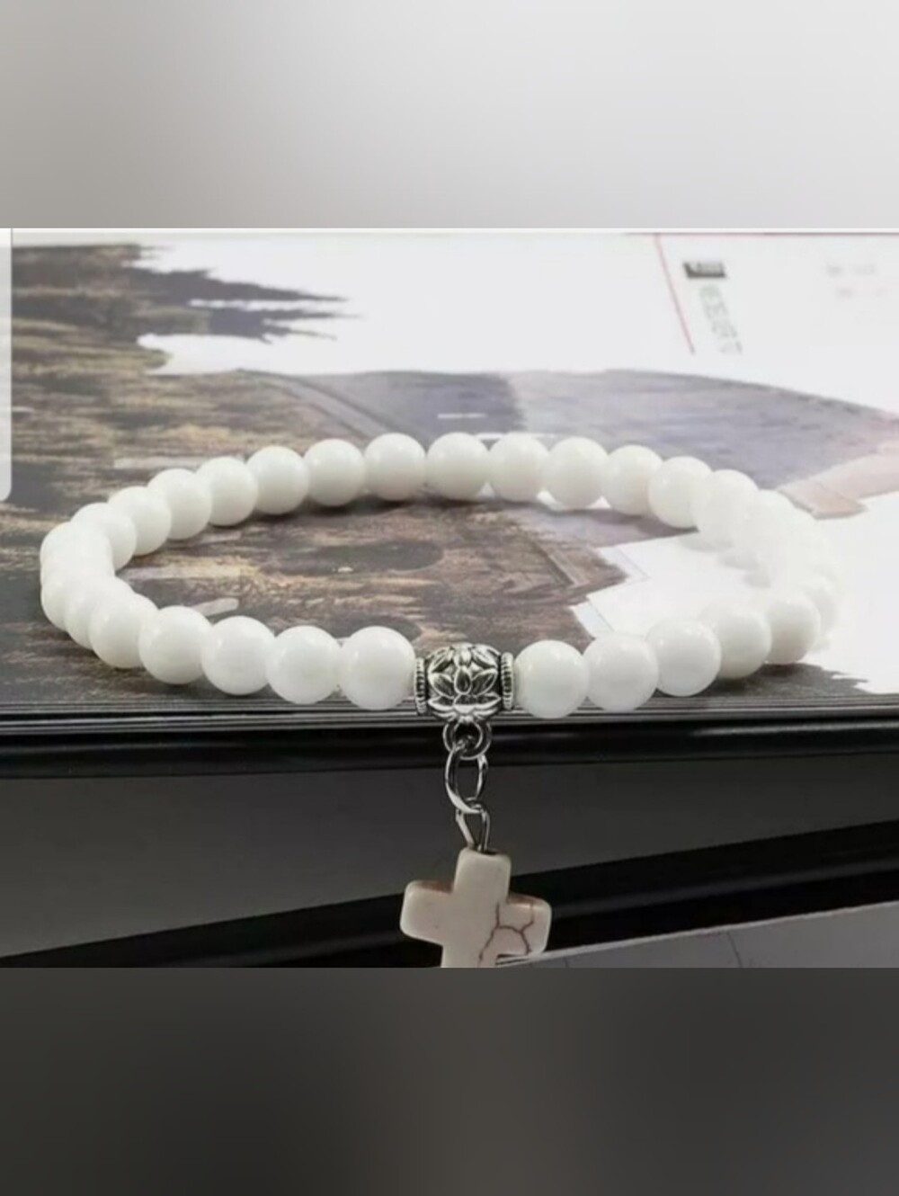 White Beaded Bracelet with Cross Charm